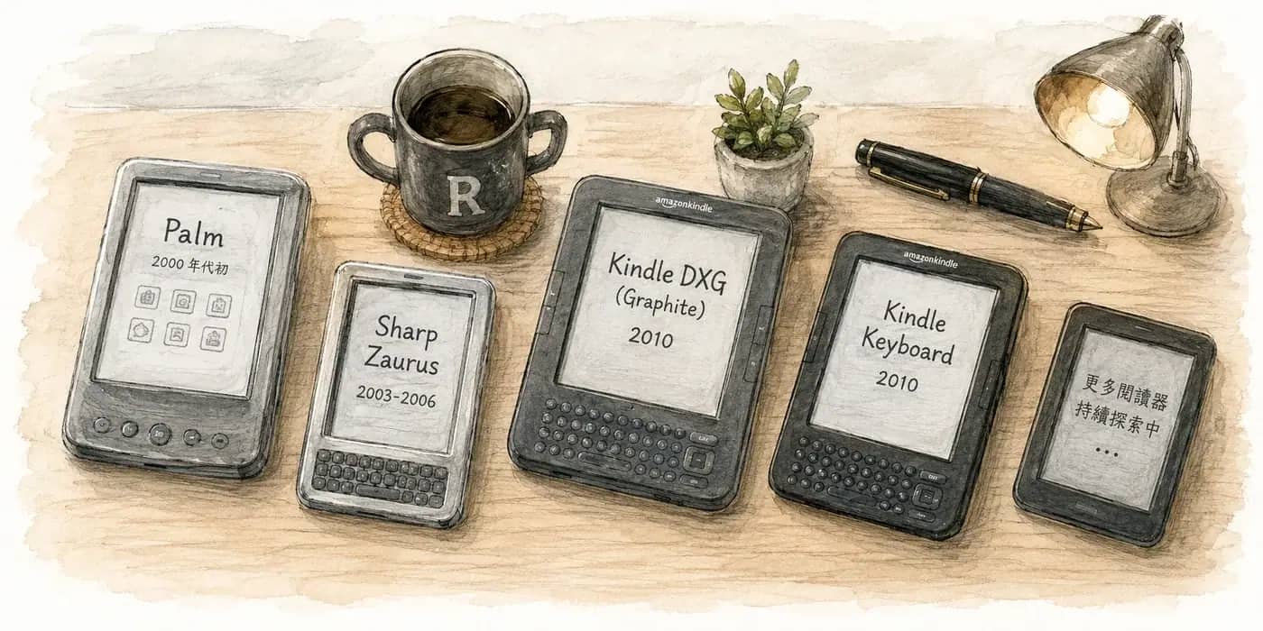 Palm、Sharp Zaurus、Kindle DXG 與 Kindle Keyboard 的閱讀器旅程水彩插圖